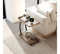 HOMCOM Brown 2-Tier C Shaped Side Table with Wheels - Size: 60 x 34 x 52cm - Wilko