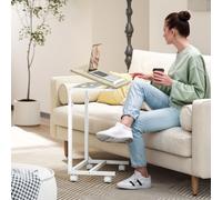 HOMCOM C-Shaped Sofa Side Table, Height Adjustable Overbed Table with Tilting Desktop, Mobile Laptop Desk for Living Room Bedroom, Oak and White White