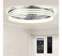 HOMCOM Ceiling Fans with Lights and Remote & App Control, 50 cm Modern LED Ceiling Fan Light with 3 Colour Temperatures, 6 Speed, Timer, Dimmable, Quiet Reversible DC Motor, for Bedroom, Silver Tone
