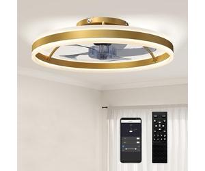HOMCOM Ceiling Fans with Lights and Remote & App Control, 50 cm Modern LED Ceiling Fan Light with 3 Colour Temperatures, 6 Speed, Dimmable, Timer Quiet Reversible DC Motor, for Bedroom, Gold Tone