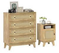 HOMCOM Chest of Drawer with 4 Rattan Drawers, Beside Table with Door, Natural