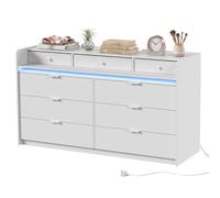 HOMCOM Chest of Drawers for Bedroom with LED Light & Charging Station, 9 Drawers Storage Unit/TV Stand, White