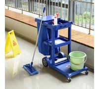HOMCOM Housekeeping Cleaning Cart on Wheels with Bin and Three-Tier Shelves - Blue, Blue