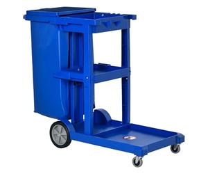 HOMCOM Cleaning Carts On Wheels, Janitorial Trolley with 3 Tier Shelves, Housekeeping Utility Service Unit with Rubbish Bag and Mop Mount for Hotel, Office, Blue