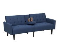 HOMCOM Click Clack Sofa Bed, Linen-Feel Fabric 3 Seater Sofa for Living Room/Spare Room/Guest Room, Bed Settee with Cup Holders Dark Blue