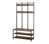 HOMCOM Entryway Coat Rack Hall Tree Shoe Bench 3 In 1 Design Metal Storage Rack Rustic Brown & Black, Brown