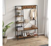 HOMCOM Hallway Unit, Free Standing Hall Tree w/ 2 Tier Shoe Rack, 5 Hooks, 5 Side Shelves & Steel Frame, Industrial Design, Brown, 117 x 38 x 169cm