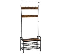 HOMCOM Coat Rack Stand Industrial hallway Shoe Rack Removable Hooks Metal Wood Hangers Storage Cabinet Rustic Brown 72L×34W×185H(cm)