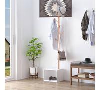 HOMCOM Coat Rack Storage Bench Hallway Tree Hat Hanger Entryway Bedroom Stand - White and Natural Wood Colour