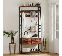 HOMCOM Coat Rack with Shoe Storage, Hall Tree, Industrial Coat Stand with Shoe Bench, 10 Removable Hooks, 2 Fabric Drawers and Clothes Rail for Entryway, Hallway, Rustic Brown