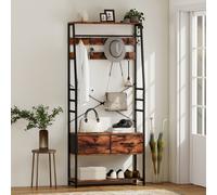 HOMCOM Coat Rack with Shoe Storage, Hall Tree, Industrial Coat Stand with Shoe Bench, 10 Removable Hooks, 2 Fabric Drawers and Clothes Rail for Entryway, Hallway, Rustic Brown