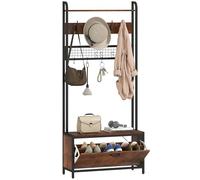 (Brown) HOMCOM Industrial Hall Tree Coat Rack Stand with Shoe Cabinet