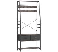 HOMCOM Coat Rack with Shoe Storage, Hall Tree, Industrial Coat Stand with Shoe Bench, 10 Removable Hooks, 2 Fabric Drawers and Clothes Rail for Entryway, Hallway, Grey