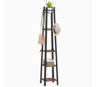 HOMCOM Coat Stand, 4 Tier Freestanding Coat Rack with 8 Hooks and 4 Shelves for Clothes, Bags, Hats, Industrial Clothing Organiser for Home, Entryway, Hallway, Bedroom, Rustic Brown