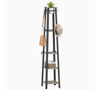 HOMCOM Coat Stand, 4 Tier Freestanding Coat Rack with 8 Hooks and 4 Shelves for Clothes, Bags, Hats, Industrial Clothing Organiser for Home, Entryway, Hallway, Bedroom, Grey