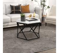 HOMCOM Coffee Table Cocktail Table With High Gloss Marble Top Steel Frame White, White