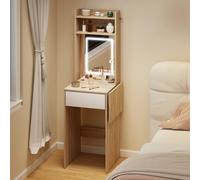 HOMCOM Compact Dressing Table with Lighted Mirror Open Shelves Drawer in Natural HOMCOM Natural