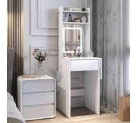 HOMCOM Small Dressing Table with Mirror and Adjustable LED Lights, Modern Vanity Desk with Drop Leaf, Open Shelves and Drawer, Compact Makeup Table for Small Spaces, Bedroom, White White