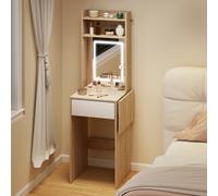 HOMCOM Compact Dressing Table with Lighted Mirror Open Shelves Natural Wood