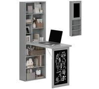 HOMCOM Computer Desk Fold-Out Blackboard, Grey | Space Saving Study Table, Floating Writing Desk, Adjustable Shelf, 9 Open Compartments, for Small Space