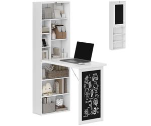HOMCOM Computer Desk Fold-Out Blackboard, White | Space Saving Study Table, Floating Writing Desk, Adjustable Shelf, 9 Open Compartments, for Small Space