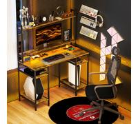 Computer Desk with Power Outlet LED Lights for Home Office HOMCOM Brown One Size