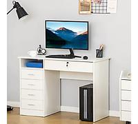 HOMCOM Computer Desk White Rubberwood Pedestal 5 Drawers 1 Pedestals 500 (W) x 1,100 (D) x 760 (H) mm Particle Board