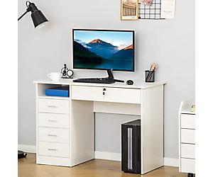HOMCOM Computer Desk White Rubberwood Pedestal 5 Drawers 1 Pedestals 500 (W) x 1,100 (D) x 760 (H) mm Particle Board