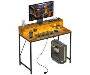 HOMCOM Computer Desk with LED Lights and Power Outlets, Gaming Desk with Monitor Stand, Computer Table with Remote for Home Office Study, Rustic Brown