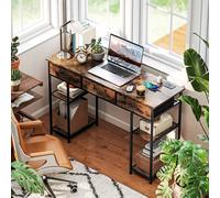HOMCOM Computer Writing Desk with Power Outlets, Drawers, Shelves, Brown - Rustic Brown - 40 - Particle board, Steel, Linen (100% Polyester)