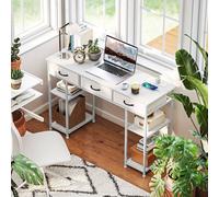 (White) HOMCOM Computer Writing Desk with Power Outlets, Drawers, Shelves