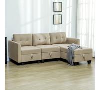 HOMCOM Convertible Modular Sectional Sofa Storage Wood Frame - Light Brown - Polyester
