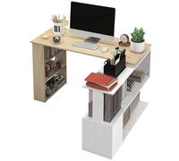 Homcom Corner Desk With Rotating Design And Bookshelf, Natural And White
