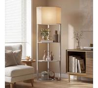 HOMCOM Corner Floor Lamp with Shelves, Bulb Not Included, Light Grey | Modern 3-Tier Tall Standing Lamp with Linen Lampshade and Chain Switch for Living Room Bedroom Office