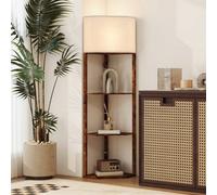 HOMCOM Corner Floor Lamp with Shelves and Lights Chain Switch Rustic Brown