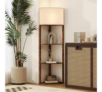 HOMCOM Corner Modern Floor Lamp with Shelves for Living Room, Rustic Brown - Bulb not included - MDF, linen (polyester) - Floor lamp