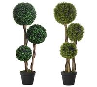 HOMCOM Decorative Artificial Plants Set of 2, Boxwood Ball Topiary Trees in Pot Fake Plants for Home Indoor Outdoor Decor, 90 cm, Dark Green