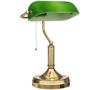 HOMCOM Desk Lamp with USB Ports, Banker's Table Lamp Desk Lamp with Vintage Bronze Tone Base and Pull Rope Switch, Green