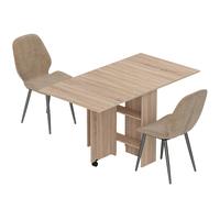 HOMCOM Dining Table Set, Folding Kitchen Table with Storage Shelves, 2 Velvet Upholstered Chairs, Natural Wood Finish and Light Brown