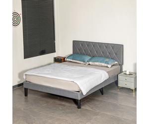 HOMCOM Double Bed Frame with 5-Level Adjustable Linen Headboard - Double