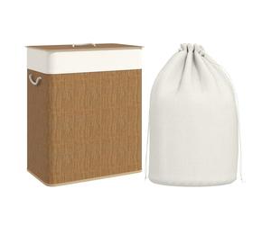 HOMCOM Double Laundry Basket with Lid, 100L Bamboo Laundry Hamper with Rope Handles, Washing Basket with Removable Liner for Bathroom, Bedroom, Brown