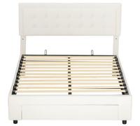 HOMCOM Double Ottoman Bed Frame, 4ft6 Gas Lift Storage Bed with 2-Level Adjustable Velvet Upholstered Headboard, Wheeled Drawer and Wooden Slats, No Mattress, Cream White Cream