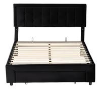 HOMCOM Double Ottoman Bed Frame, 4ft6 Gas Lift Storage Bed with 2-Level Adjustable Velvet Upholstered Headboard, Wheeled Drawer and Wooden Slats, No Mattress, Black Black