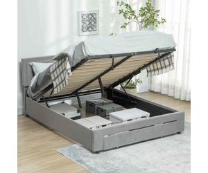 HOMCOM Double Ottoman Bed Frame with Hydraulic Lifting Storage, Wheeled Drawer, Adjustable Velvet Upholstered Headboard, Wooden Slats Mattress Foundation, No Box Spring Needed, Grey Grey