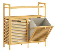 HOMCOM Double Tilt Out Bamboo Laundry Cabinet, Freestanding Bathroom Cabinet with 2 Removable Baskets, Natural