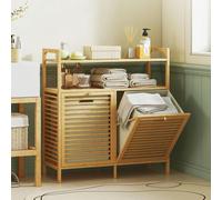 HOMCOM Double Tilt Out Laundry Cabinet Bamboo Laundry Hamper Cabinet - Laundry Cabinet - 1 - 82W x 33D x 88H cm