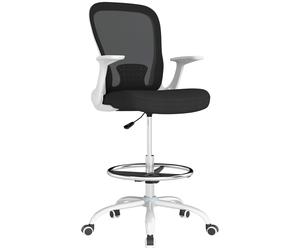 HOMCOM Draughtsman Chair, Mesh Office Chair, Ergonomic Desk Chair with Flip-up Armrest, Adjustable Foot Ring, Black & White Aosom UK