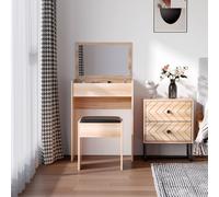 HOMCOM Two Piece Dressing Table Set With Padded Stool Flip Up Mirror Natural Wood Grain Effect, Brown