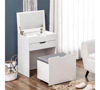 Dressing Table Set w/ Flip-up Mirror & Stool, Drawer and Compartments, White