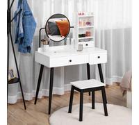 HOMCOM Dressing Table Set w/ 3 Drawers, Shelves, Round Mirror & Stool, Bedroom in White HOMCOM White